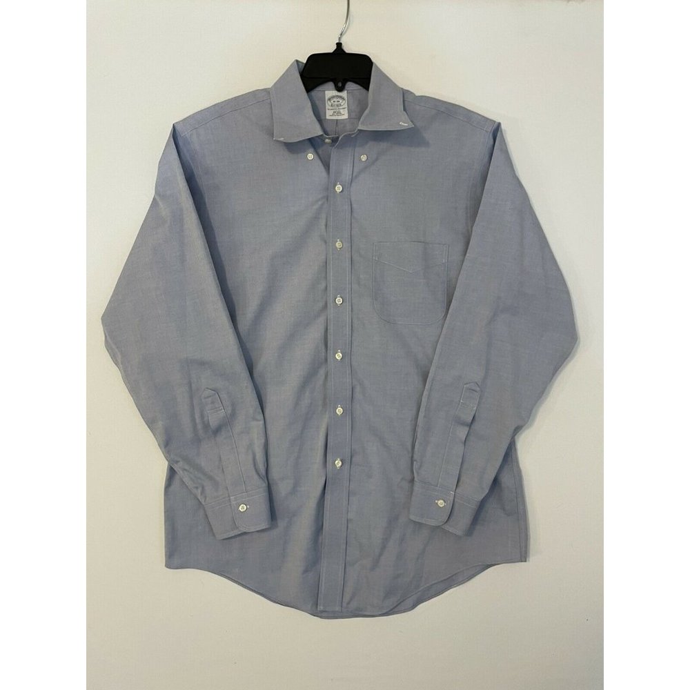 BROOKS BROTHERS Mens 16-34 Solid Blue Button Front Dress Shirt Cotton